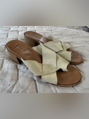 Mila Paoli Beige Suede Crisscross Block Heel Sandals